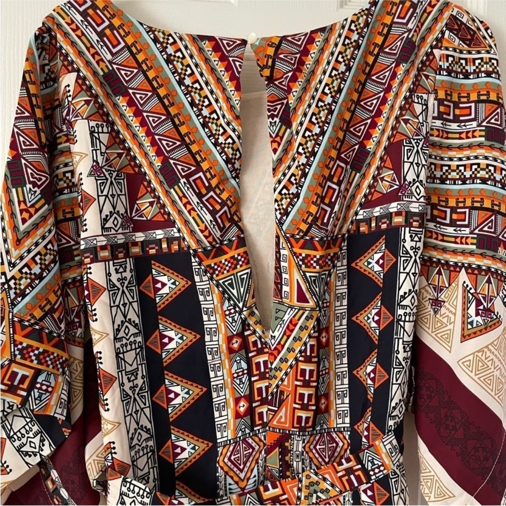 Boho Tribal Print Mini Dress Festival Kimono Sleeve Tie Waist Small - Picture 10 of 11
